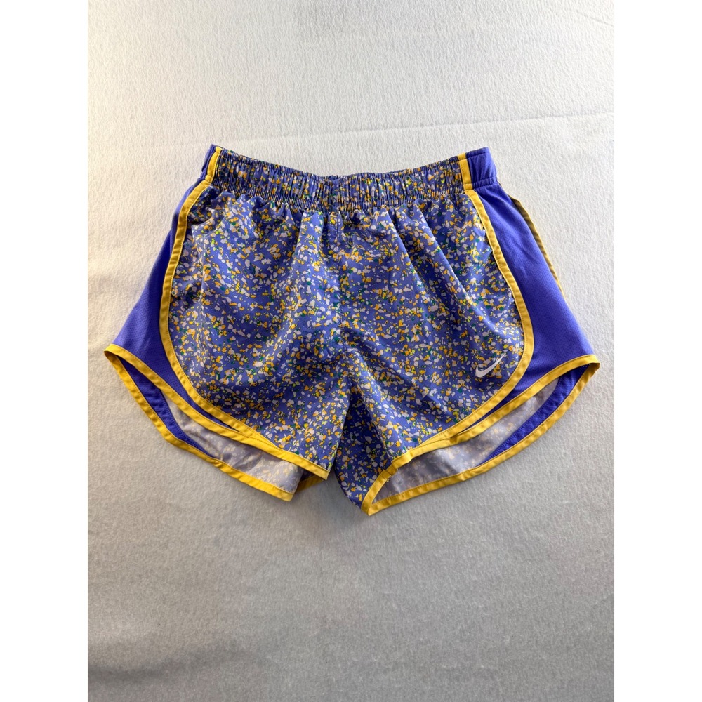 Nike Dri-FIT Tempo Running Shorts Purple Yellow Splatter Print Womens Small